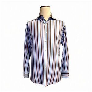 GANT Dress Fit Men’s Button Down Shirt Large Blue Brown Stripe Cotton Classic